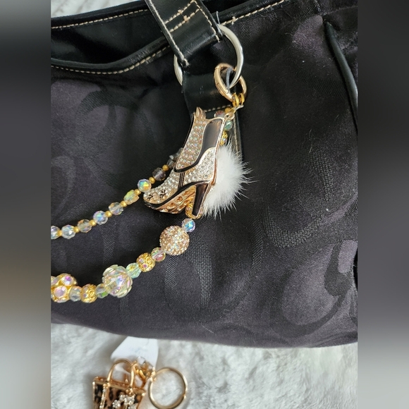 Gold and Brown Beaded Bag Charm Chain And Keychain Set Studded Boot Animal Print - Picture 15 of 16